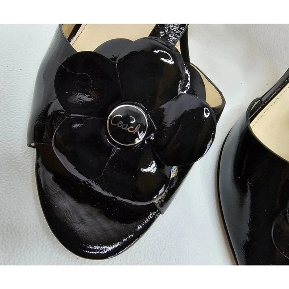 COACH Poppy Horizon Black Patent Leather Flower Ankle Heeled Sandals Sz 10 B - Picture 5 of 12